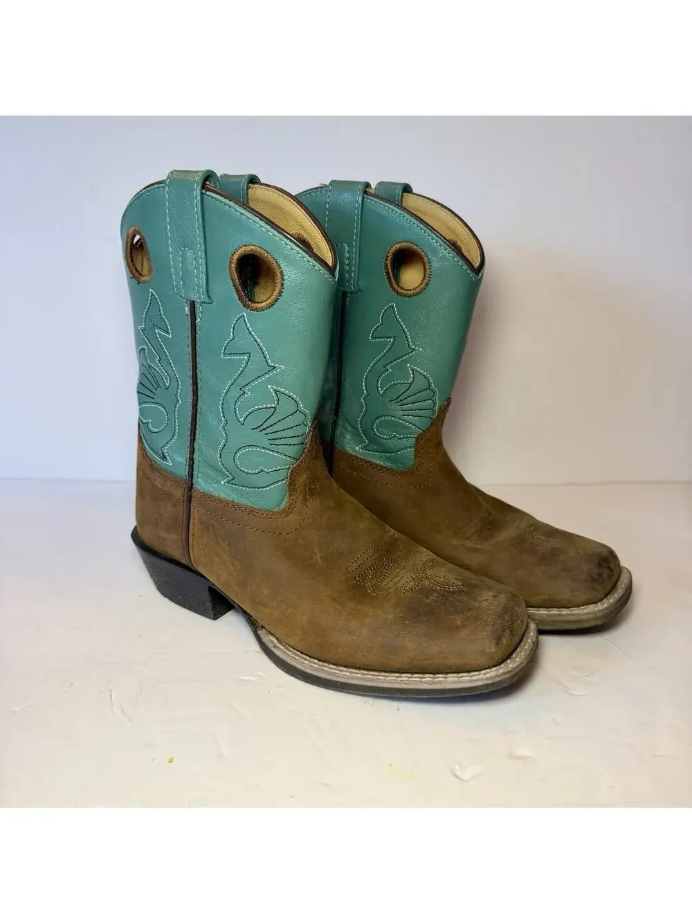 Masterson Girls Cowgirl Leather Teal Square‎ Toe Boots RB2010C Size 2.5